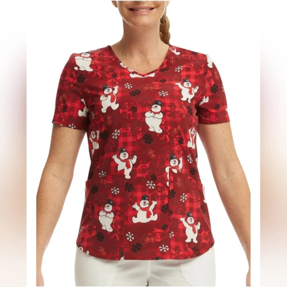 Women's Scrub Top Size Small Frosty The Snowman Performance Stretch NWT